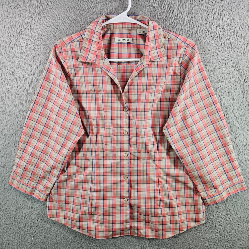 Orvis Womens Plaid Button Down Shirt 3/4 Sleeve Coral Blue Cotton Size 14